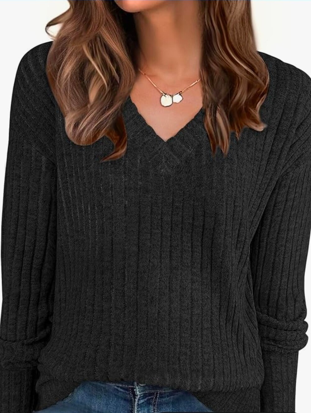 NWT Anrabess Ribbed VNeck Long Sleeve Shirt/ Sweater Black Size Medium